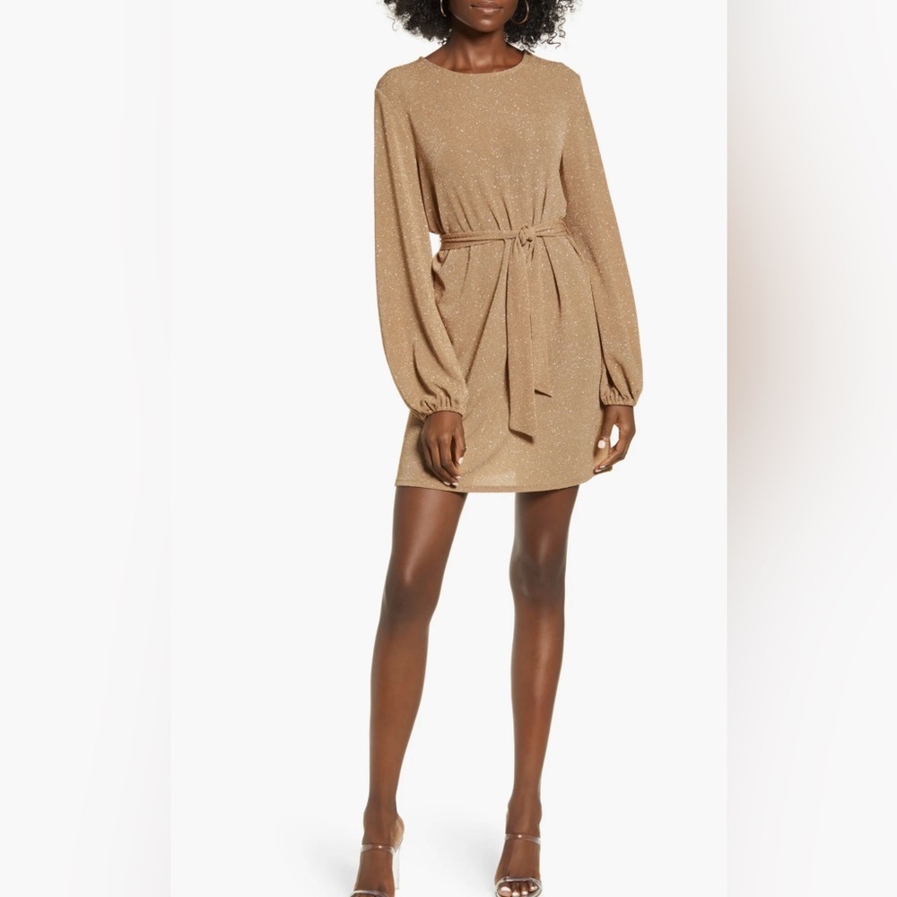 Leith Sparkle Tie Waist Long Sleeve Mini Dress in Tan